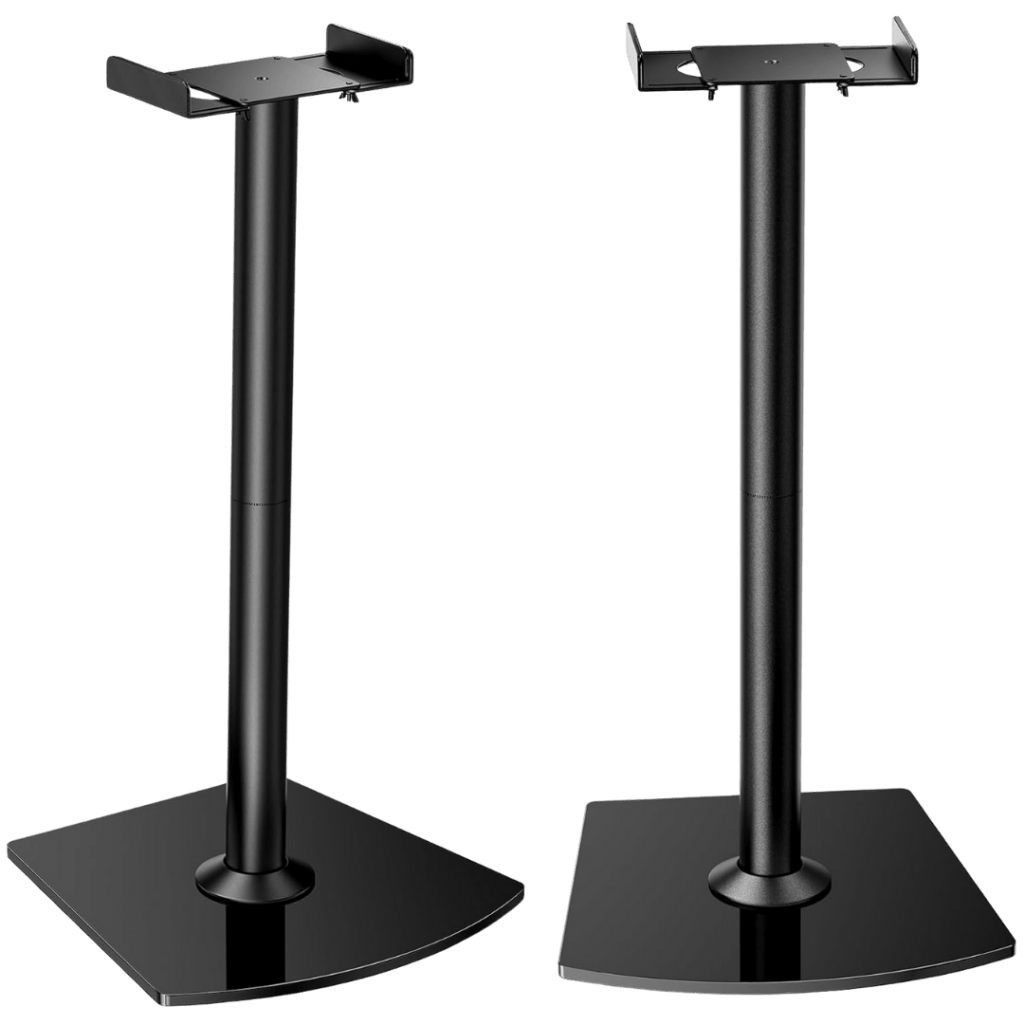 Pair of Perlegear universal bookshelf-speaker stands in black with curved tempered-glass bases, tubular center columns, and top plates with side lips for securing speakers.