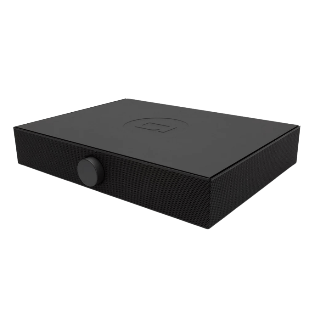 Andover Audio SpinBase turntable speaker system in black — low-profile rectangular chassis with a front volume knob and mesh grille.
