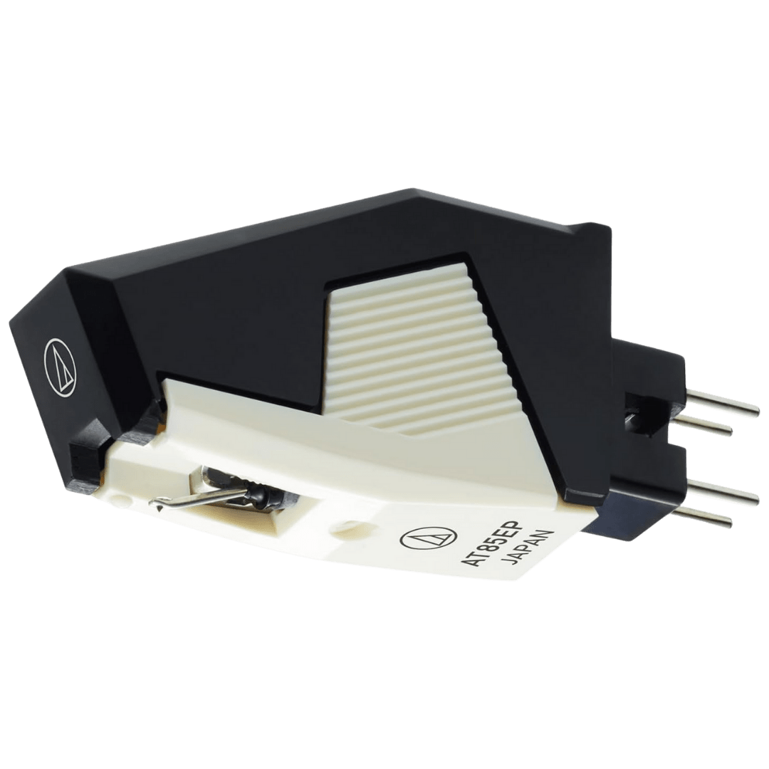 Audio-Technica AT85EP phono cartridge with a white stylus body and black housing.
