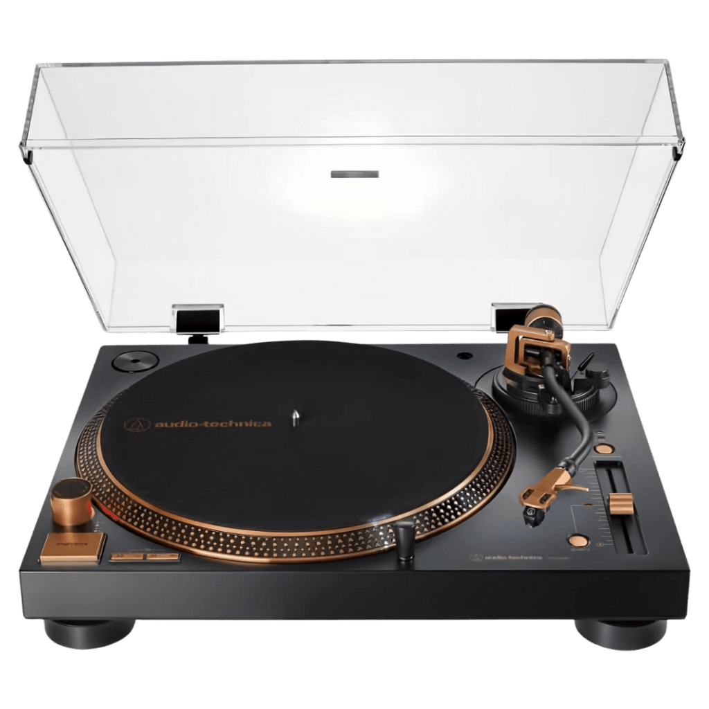 Audio-Technica AT-LP120XUSB turntable in a limited-edition bronze finish, shown with a clear dust cover open. The deck features bronze accents on the tonearm, pitch slider, and control knobs, with a matte black base and platter.