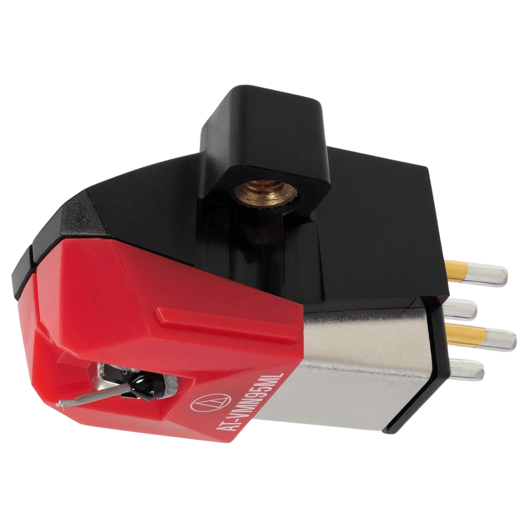 Audio-Technica AT-VM95ML phono cartridge with a red stylus body and microlinear stylus tip, designed for turntables