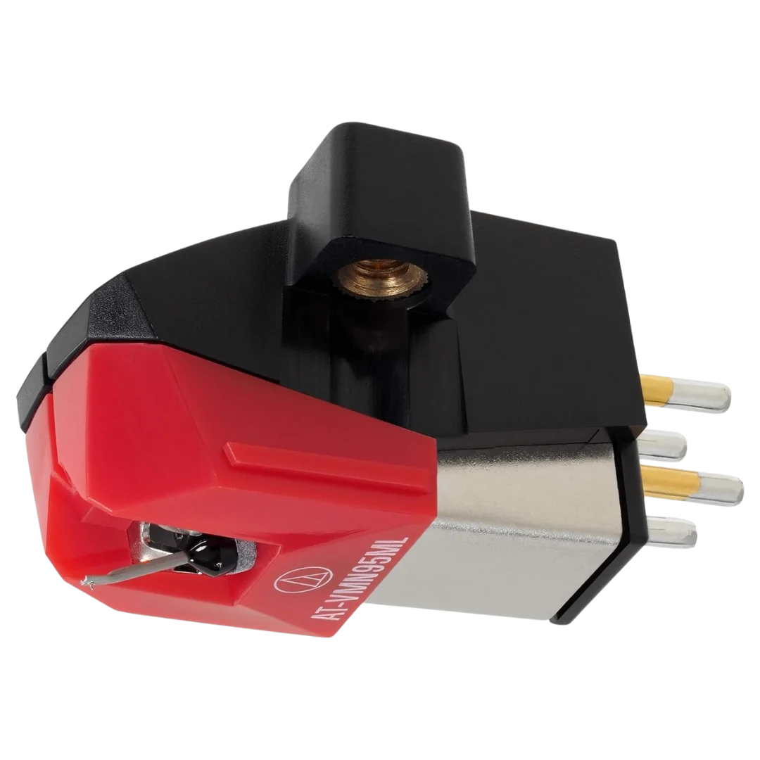 Audio-Technica AT-VM95ML phono cartridge with a red stylus body and microlinear stylus tip, designed for turntables