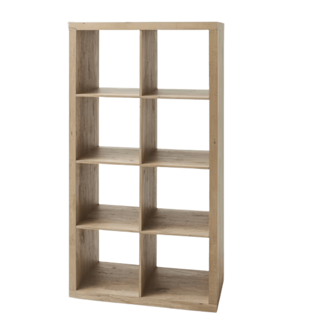 Better Homes and Gardens 8-cube wooden storage shelf in a light oak finish, designed for vinyl records, books, or display items.