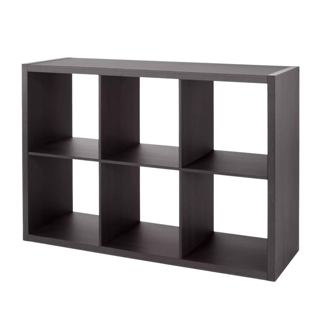 Dark wood six-cube storage organizer with a minimalist design, ideal for vinyl records, books, or decor, shown against a plain background