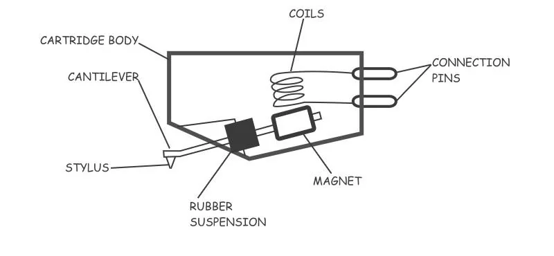 Diagram of a turntable phono cartridge labeled with its main components: stylus at the tip, cantilever connected to a rubber suspension, magnet near the coils, cartridge body enclosing the parts, and connection pins extending from the back.