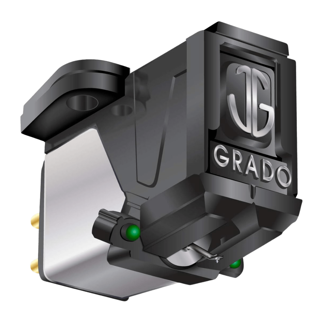 Grado Prestige Green3 phono cartridge with black housing, silver Grado logo, and visible stylus assembly.