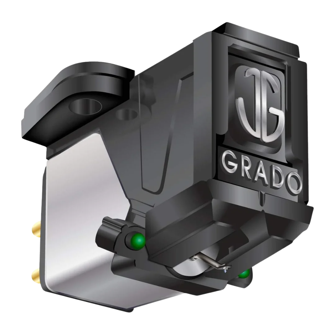 Grado Prestige Green3 phono cartridge with black housing, silver Grado logo, and visible stylus assembly.