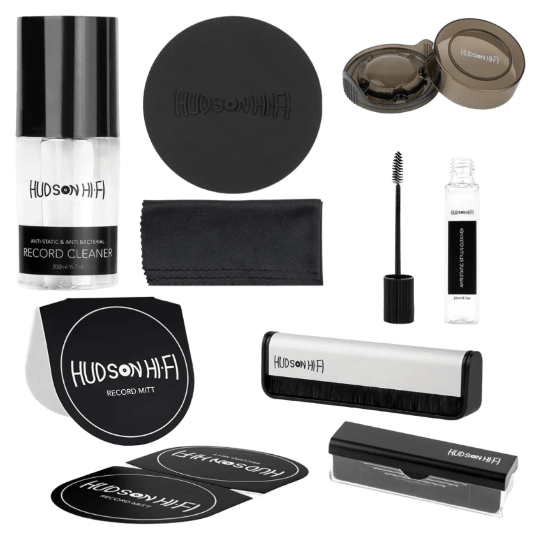 Hudson Hi-Fi 9-in-1 vinyl record cleaning kit with brushes, cleaner solution, mitt, and accessories.