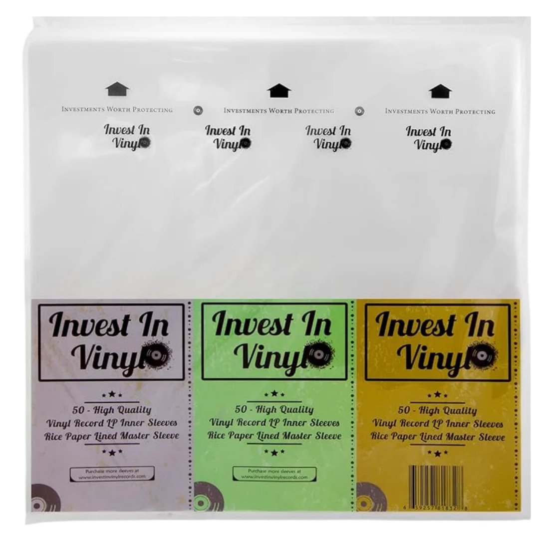 Invest in Vinyl rice paper-lined inner sleeves for LP records, 50-pack archival quality protection.