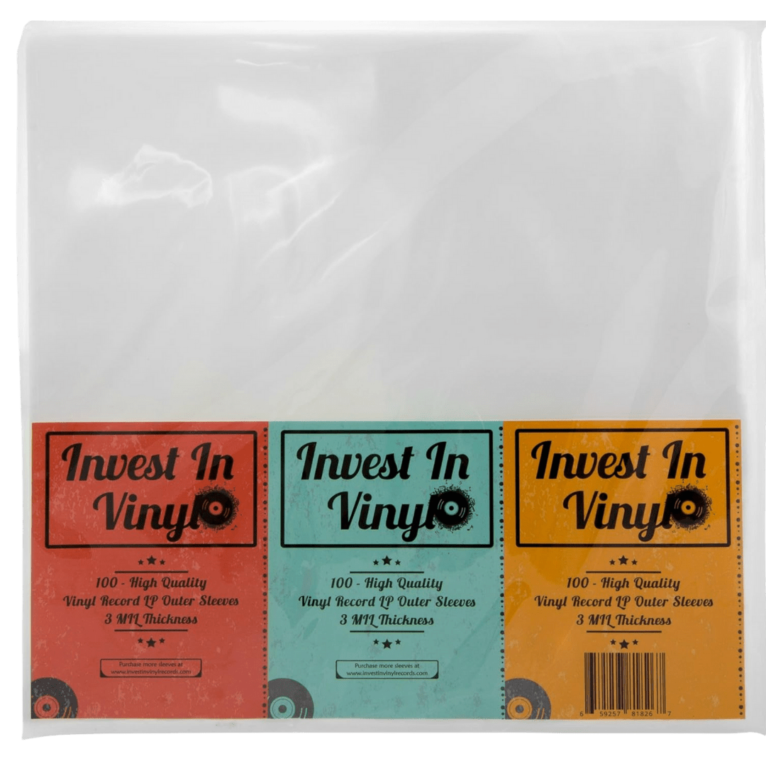 Pack of 100 Invest in Vinyl outer sleeves for LP records, clear protective covers with 3 mil thickness.