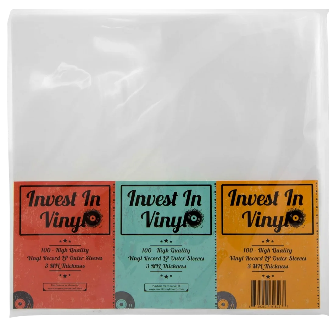 Pack of 100 Invest in Vinyl outer sleeves for LP records, clear protective covers with 3 mil thickness.