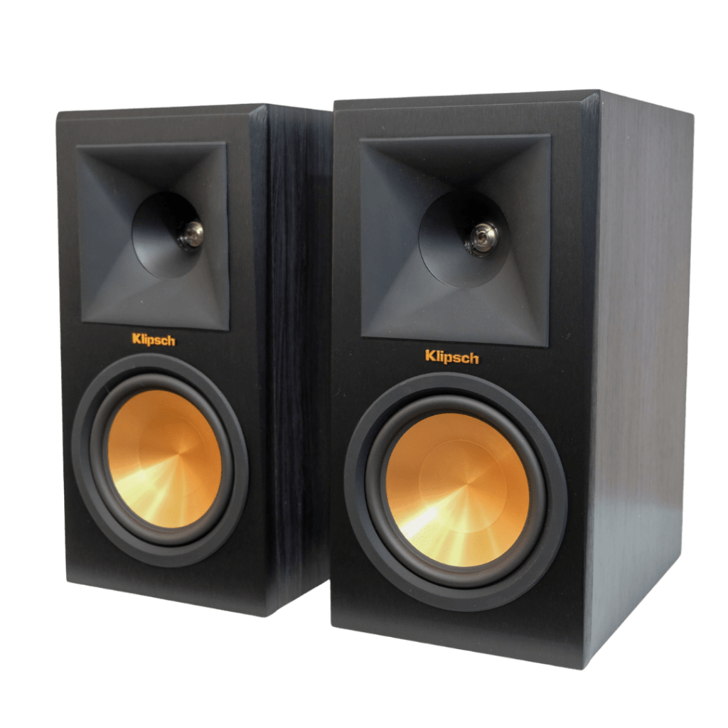 Pair of Klipsch RP-160M bookshelf speakers with signature copper woofers and black cabinets.