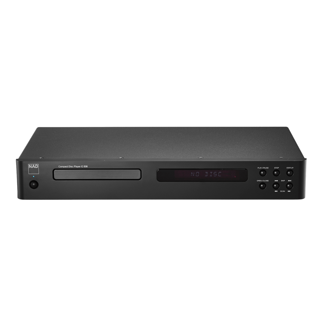 NAD C 538 compact disc player in a sleek black design with display screen and front control buttons.