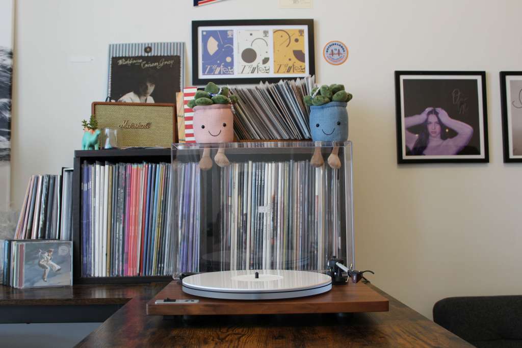Vinyl listening setup with a wooden turntable, shelves packed with colorful records, a Marshall speaker, and plush plant pots on display. Framed album art decorates the wall behind.
