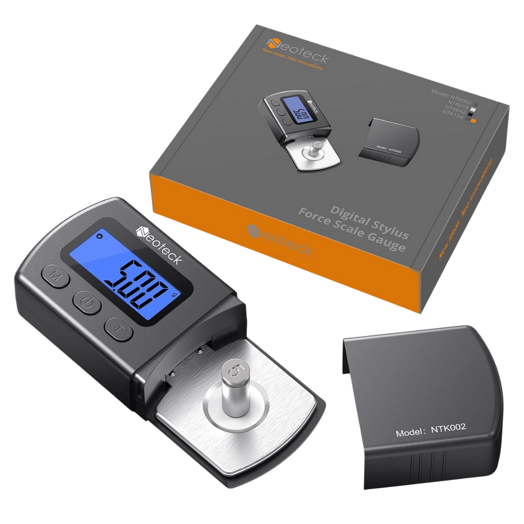 Neoteck digital stylus force scale gauge with LCD screen for precise cartridge tracking force measurement.
