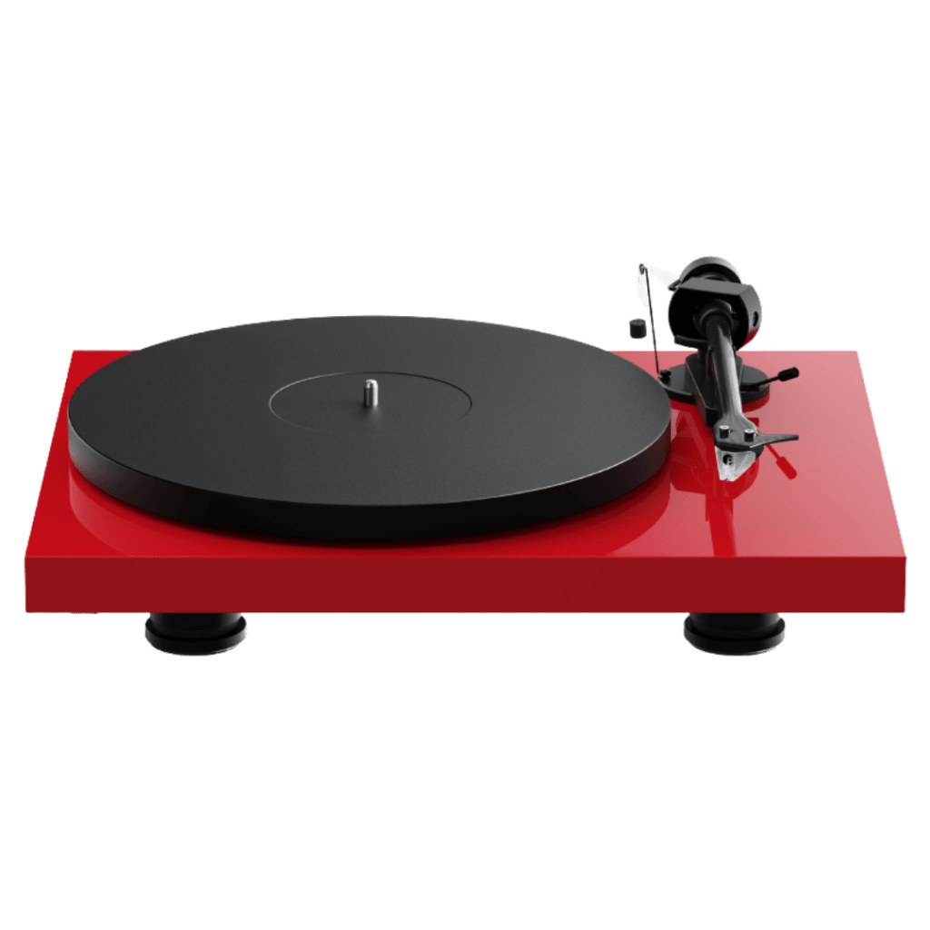 Pro-Ject Debut EVO 2 turntable in a glossy red finish with black platter and tonearm, shown on a white background.