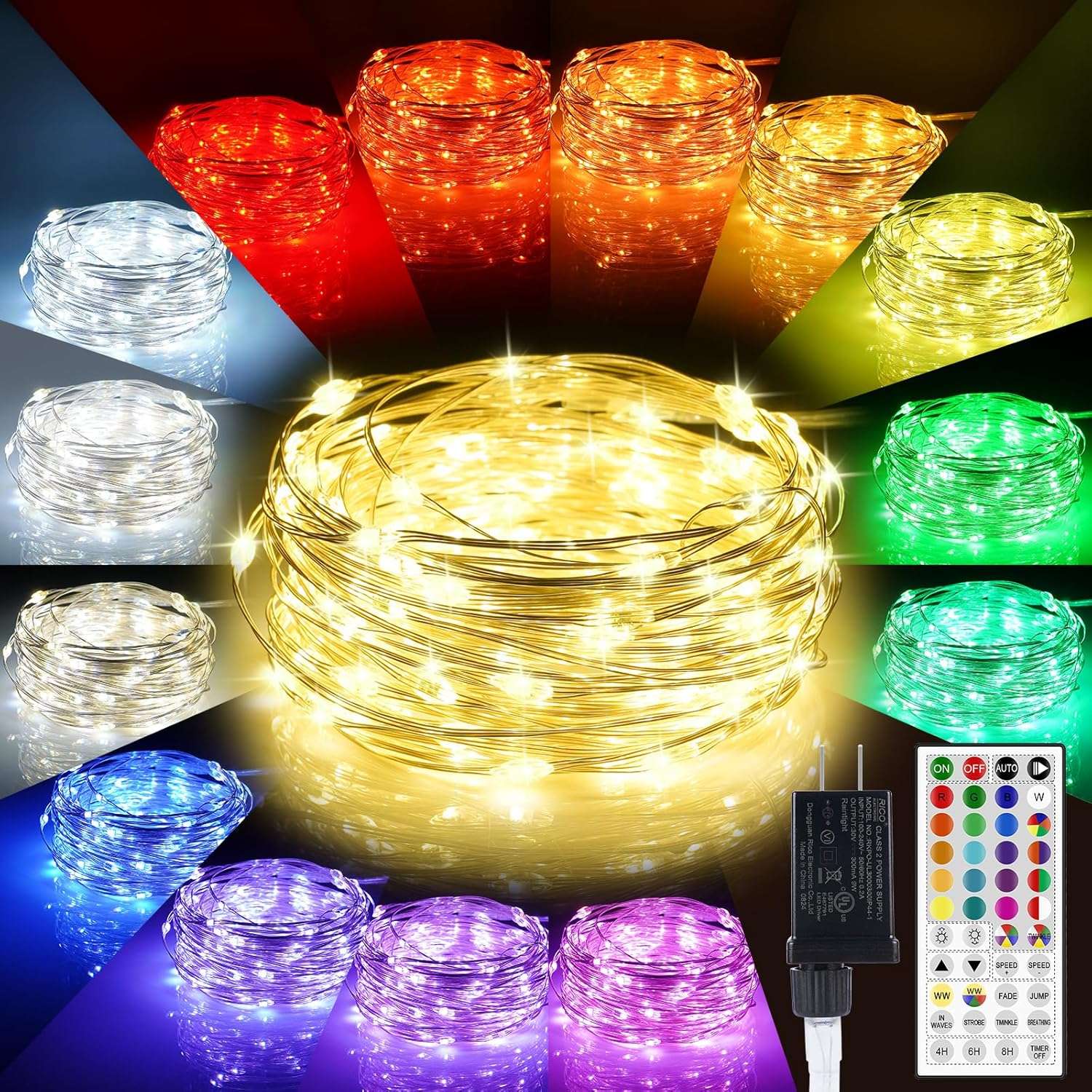 Multicolor LED fairy string lights on thin wire with warm white centerpiece, surrounding color options, and included plug-in adapter and remote control.