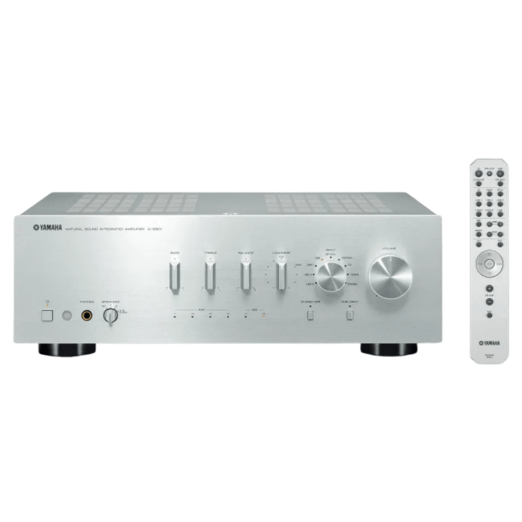 Yamaha A-S801 silver integrated amplifier with multiple control knobs, paired with remote, shown on a white background.
