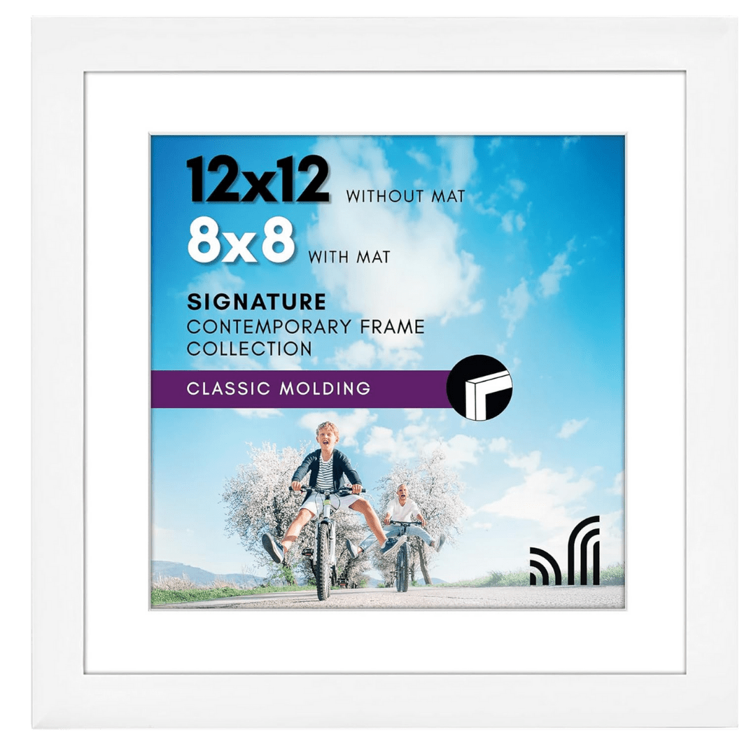 White 12×12 square picture frame with 8×8 mat opening, contemporary style.