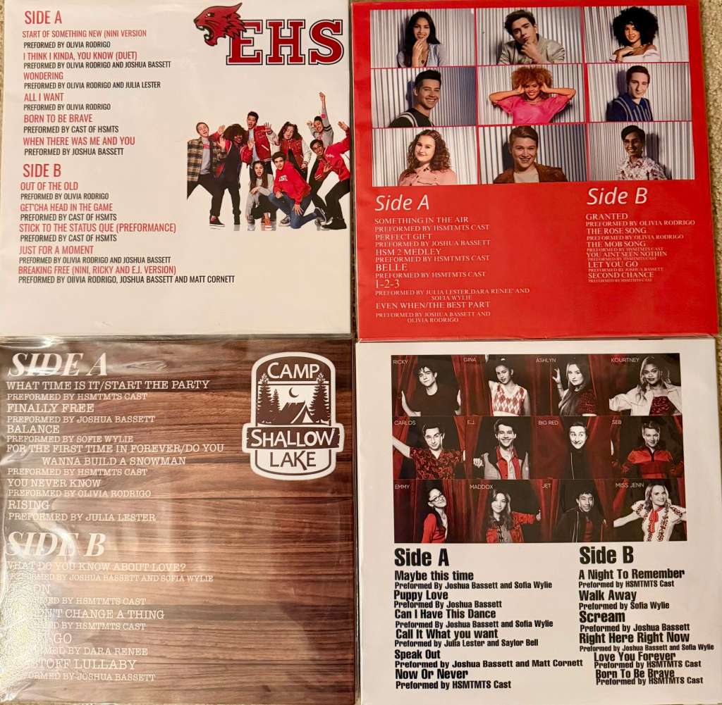 Back covers of all four High School Musical: The Musical: The Series soundtrack vinyls showing tracklists and cast portraits for each season, with a “Camp Shallow Lake” logo on Season 3 and red or brown backgrounds.