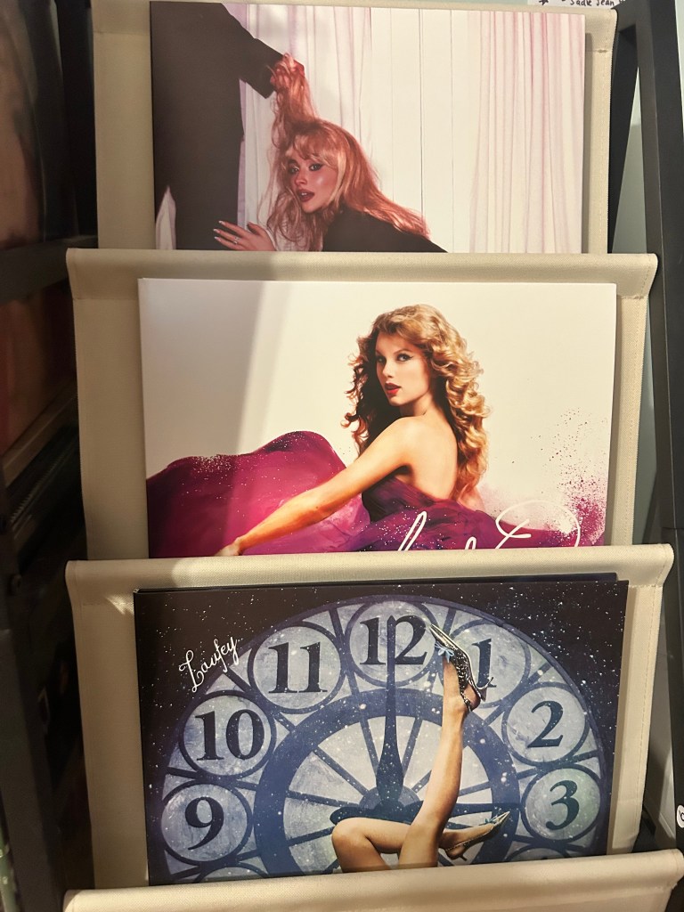 Front-facing record display shelf with three tiers, holding colorful album covers featuring various pop artists, arranged neatly in a fabric-lined vinyl rack.