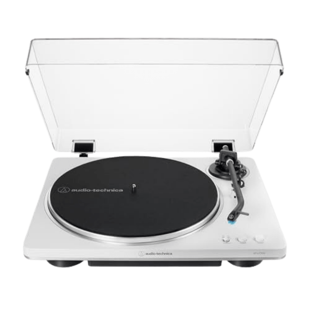 Audio-Technica AT-LP70X turntable in white with the dust cover open