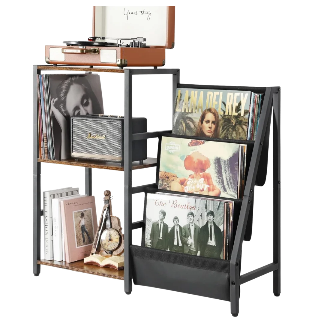 Bikoney record player stand with metal frame, wood shelves, and front-facing vinyl display bins—holds a turntable, LPs, books, and a speaker; compact vinyl storage console.
