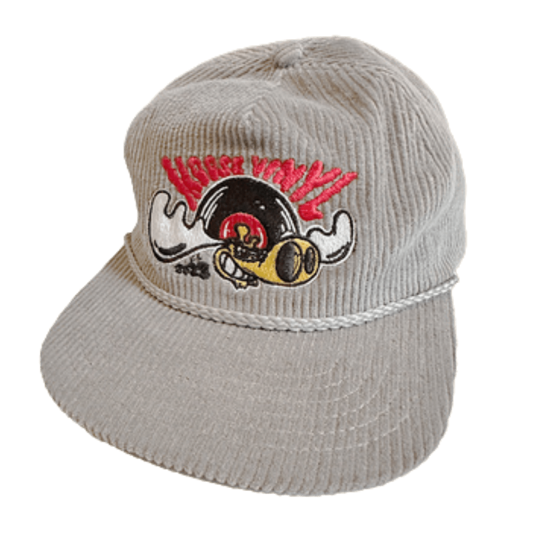 Gray corduroy hat embroidered with the Moose Vinyl logo showing a cartoon moose holding a record, part of Moose Vinyl’s official merch line.