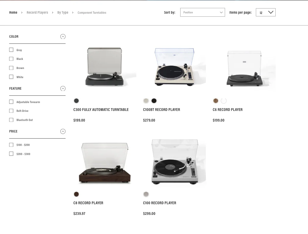Screenshot of Crosley’s official website showing five component turntables — the C300, C100BT, C6, C8, and C100 — displayed in a grid. Prices range from $199 to $299, highlighting modern belt-drive designs with dust covers, adjustable tonearms, and RCA outputs.