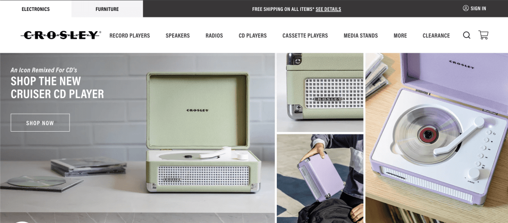 Crosley’s official website homepage showing modern turntables, record player consoles, and vintage-inspired radios and cassette players.