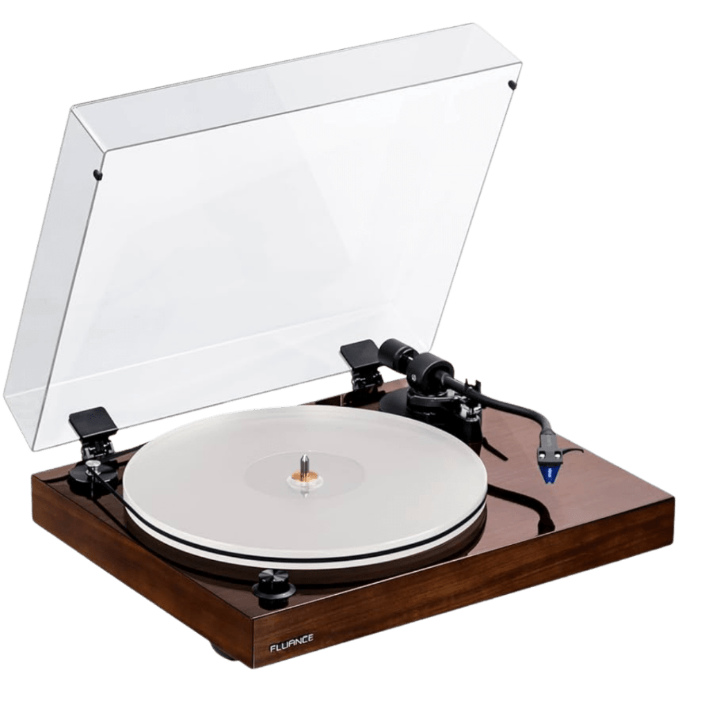 Fluance RT85 turntable in walnut with acrylic platter and dust cover open, fitted with a blue cartridge.