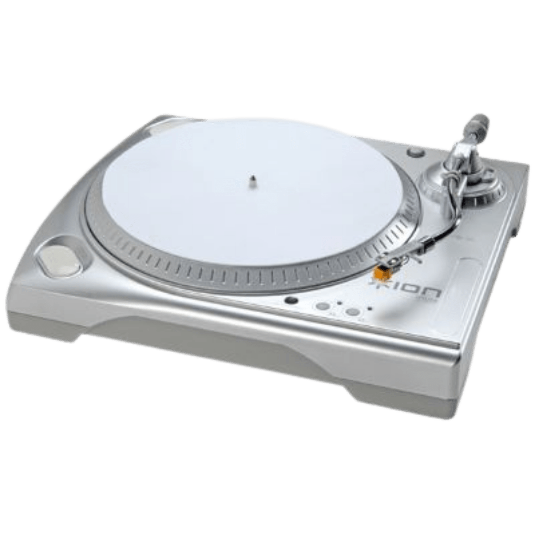 Ion iTT USB silver turntable with white platter mat and S-shaped tonearm, top-angle view.