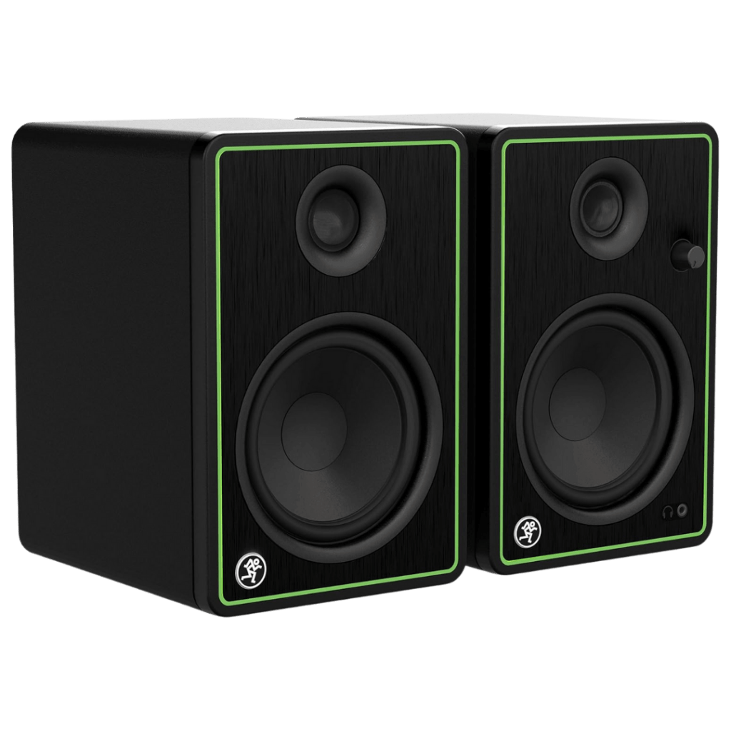 Mackie CR-X powered desktop speakers (pair) in black with green trim, front view showing woofer, tweeter, and volume knob.