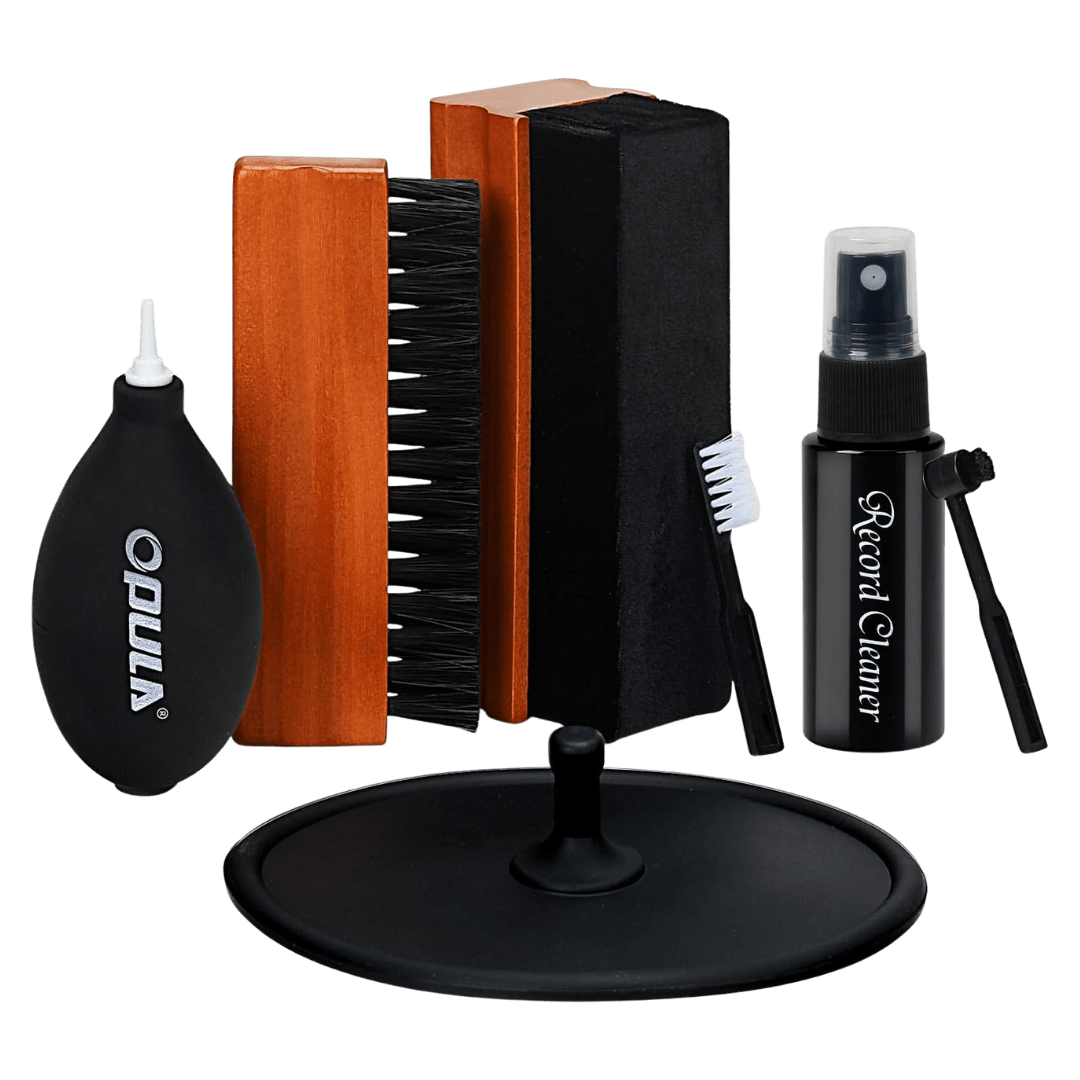 Complete vinyl record cleaning kit including an air blower, wooden-handled brushes, microfiber pad, stylus brush, cleaning solution, and turntable mat — designed for deep record maintenance and dust removal.