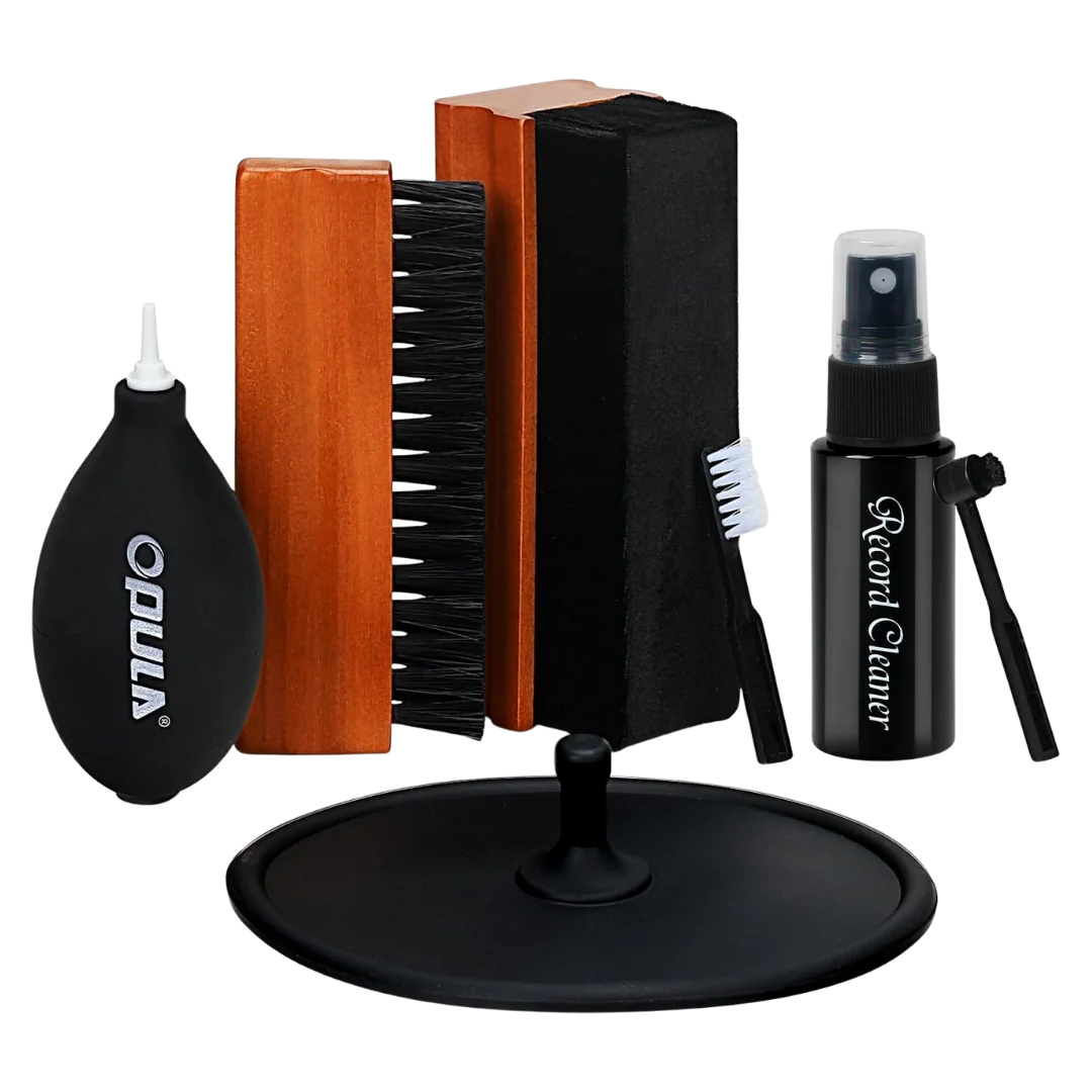Complete vinyl record cleaning kit including an air blower, wooden-handled brushes, microfiber pad, stylus brush, cleaning solution, and turntable mat — designed for deep record maintenance and dust removal.