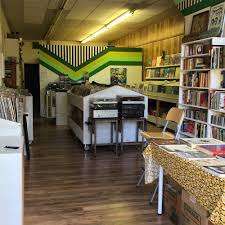 Minimal shop with a green chevron wall, wood floors, record bins, and shelves of books and gear.