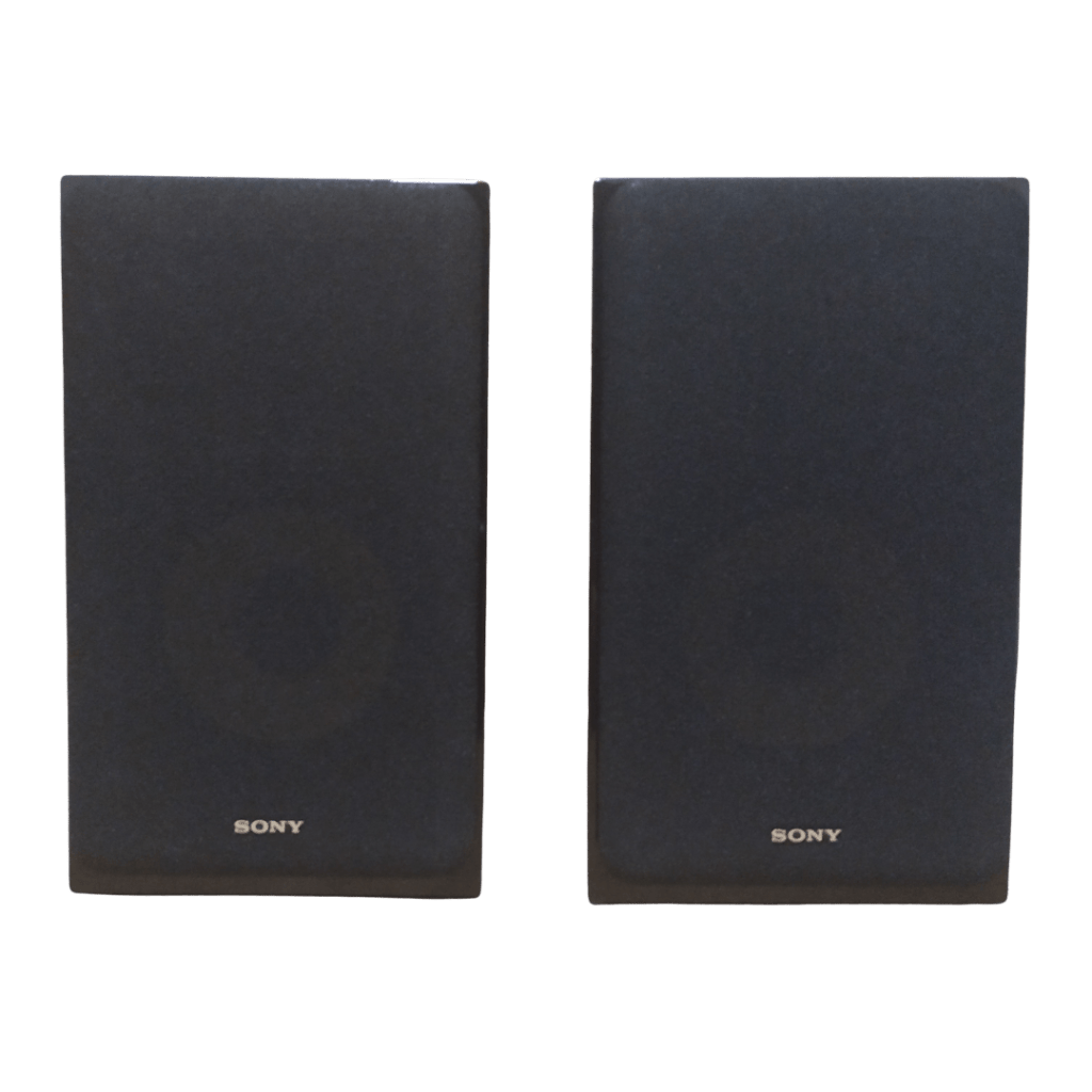 Pair of Sony bookshelf speakers with black fabric grilles, front view.