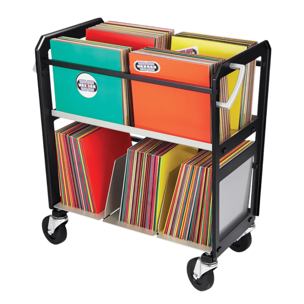 Premium black metal WaxRax RC-2 rolling record cart—upper flip bin and lower divided shelves organizing vinyl.