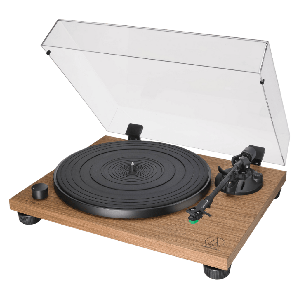 Audio-Technica AT-LPW40WN manual belt-drive turntable with walnut wood plinth, black platter, carbon-fiber tonearm, and clear dust cover open.