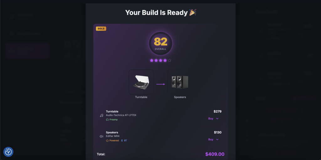 Recordbuilds builder results screen showing a “Your Build Is Ready” summary with a gold-rated score of 82 overall, a turntable and speakers pairing, line-item prices, and a total cost of $409.