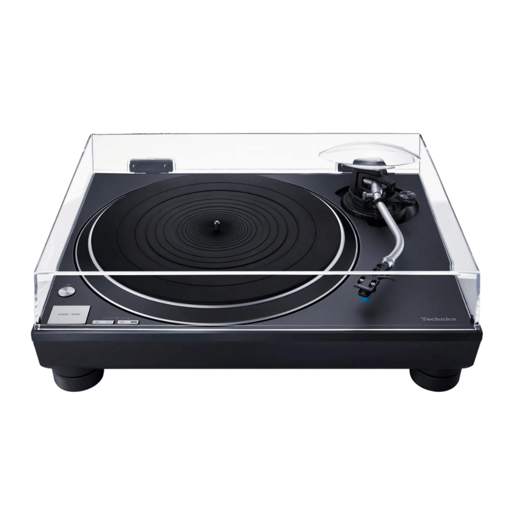Black Technics SL-100C turntable with a clear dust cover and an S-shaped tonearm, shown from the front on a transparent background.
