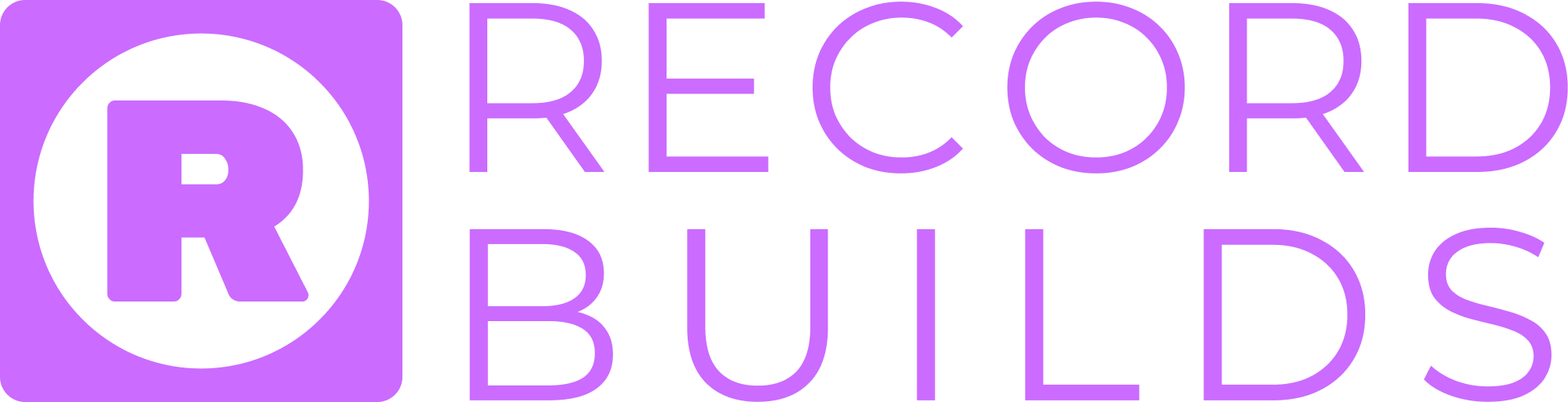 Recordbuilds full logo with a purple rounded-square icon containing a black circle and stylized “R,” followed by the word “RECORDBUILDS” in uppercase purple letters on a black background.