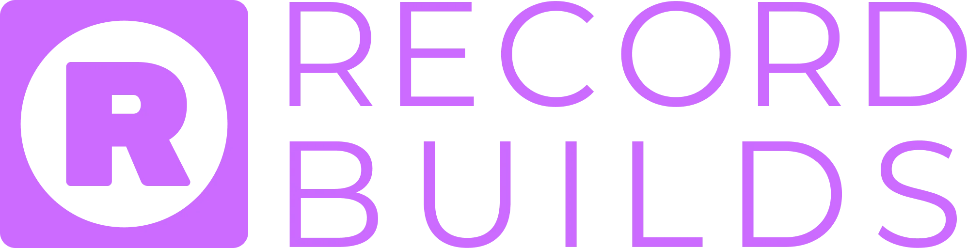 Recordbuilds full logo with a purple rounded-square icon containing a black circle and stylized “R,” followed by the word “RECORDBUILDS” in uppercase purple letters on a black background.