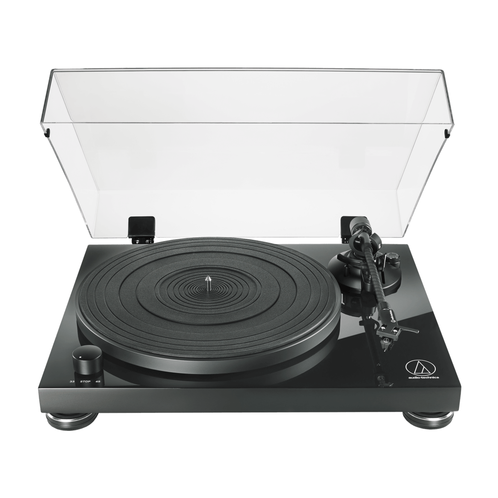 Audio-Technica AT-LPW50PB belt-drive turntable in glossy black with clear dust cover open, shown from the front.