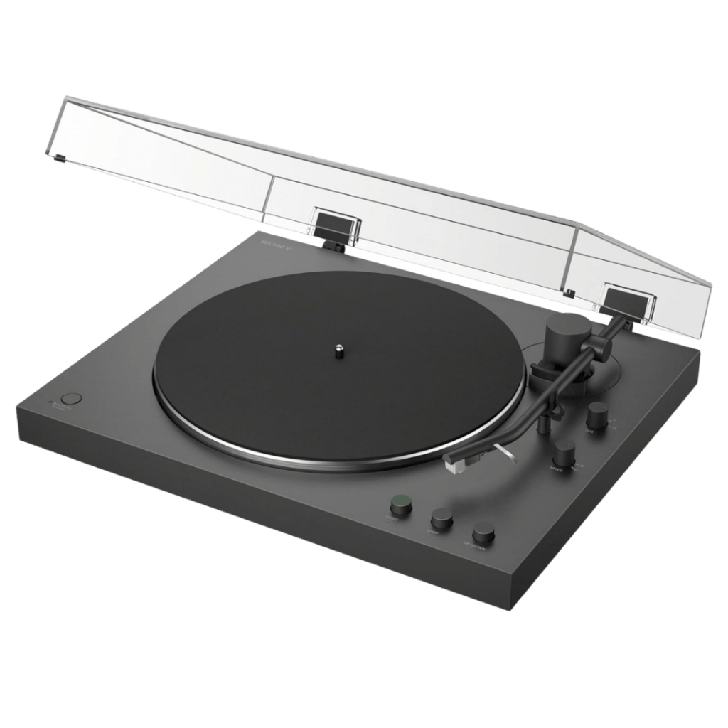 Sony automatic belt-drive turntable in matte black with clear hinged dust cover open, round platter, and black tonearm with yellow stylus.