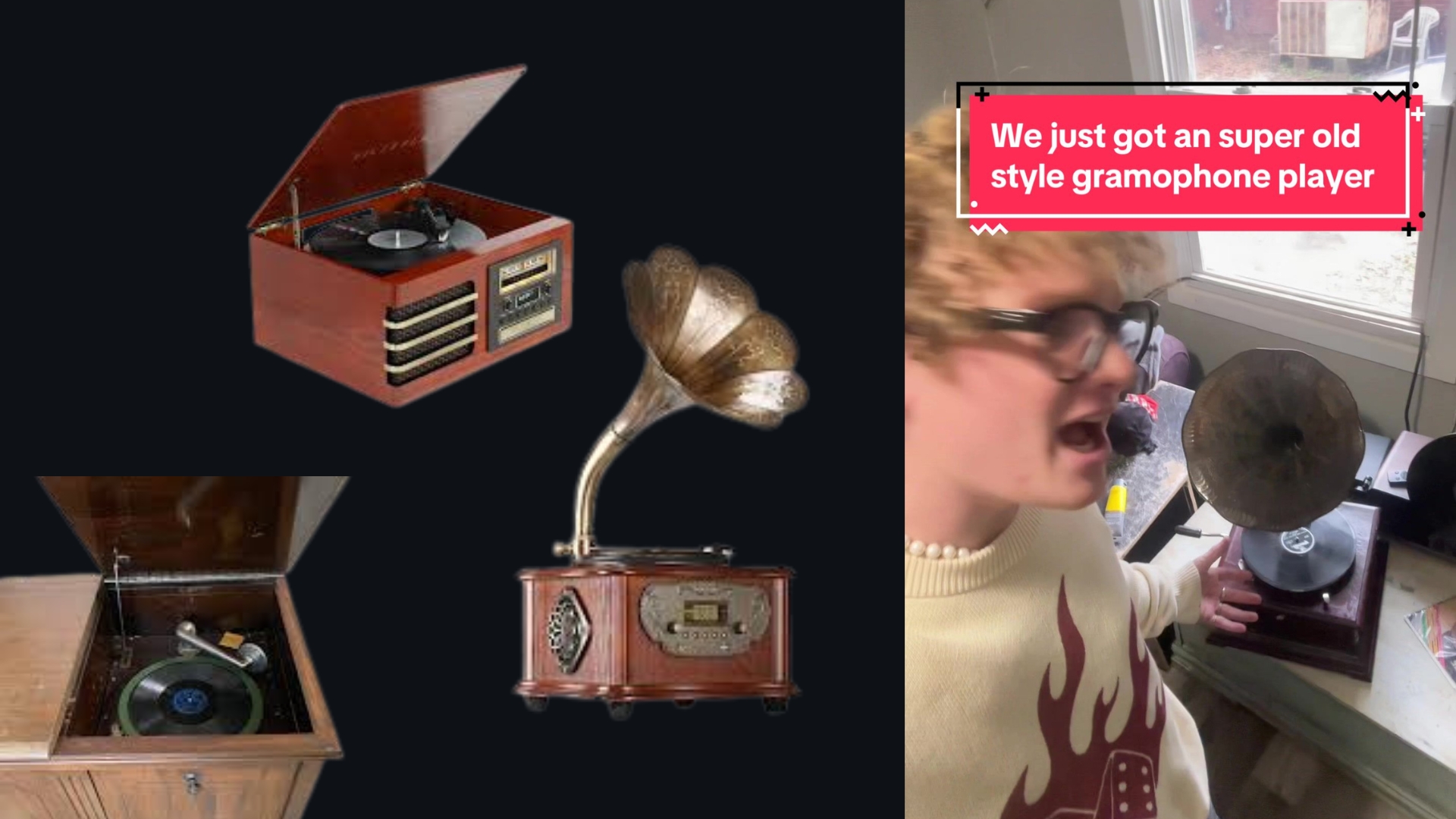 Alt text: Collage of vintage record players, including a wooden turntable console, a gramophone-style player with a brass horn, and a screenshot of a person reacting to an old gramophone player in a social media video.